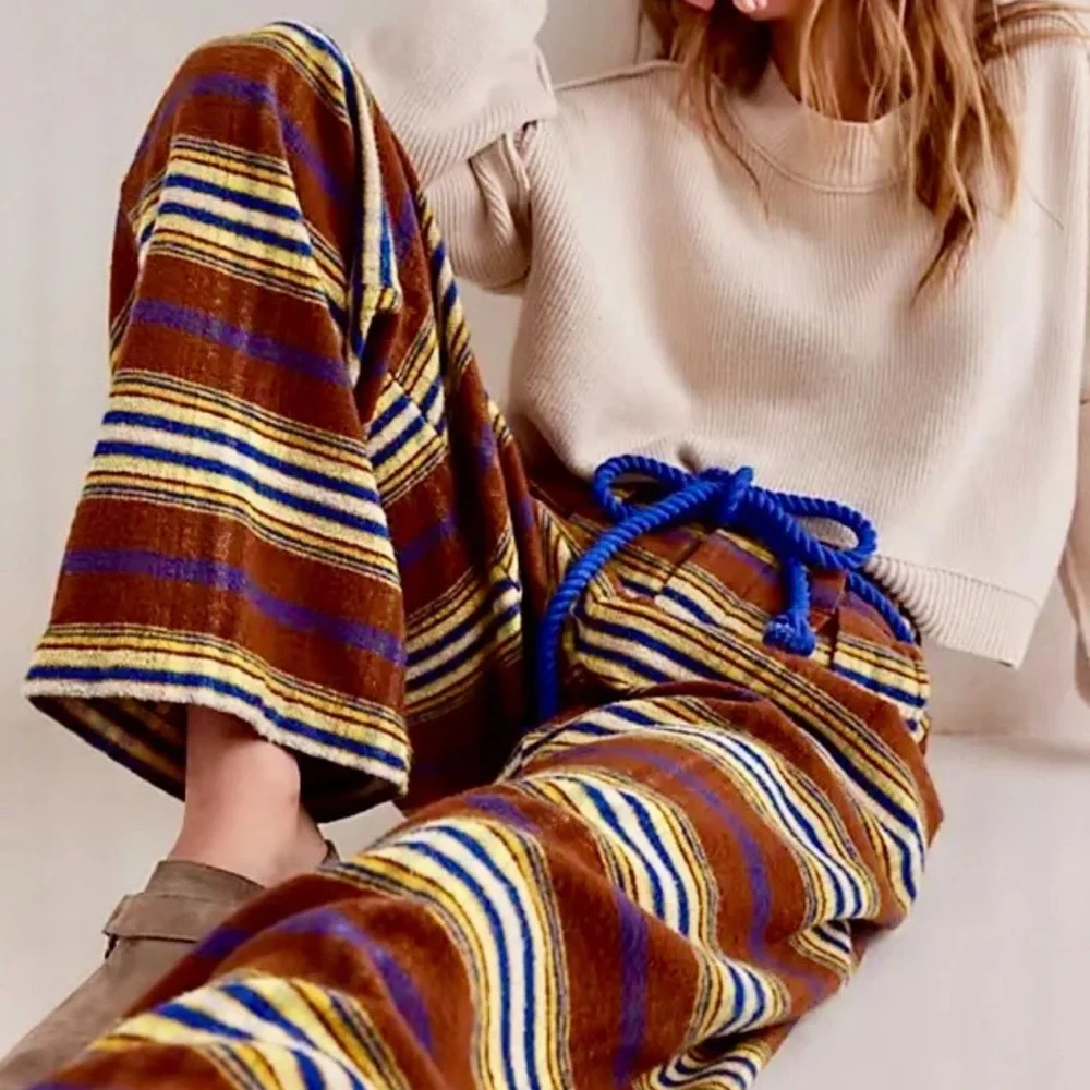 Free People Preppy Plaid Pull On Trousers Pants Flannel Tie Brown Blue S NEW - Picture 1 of 8